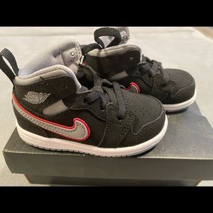 Black Jordan 1 mid black and grey with red size 5c NWT